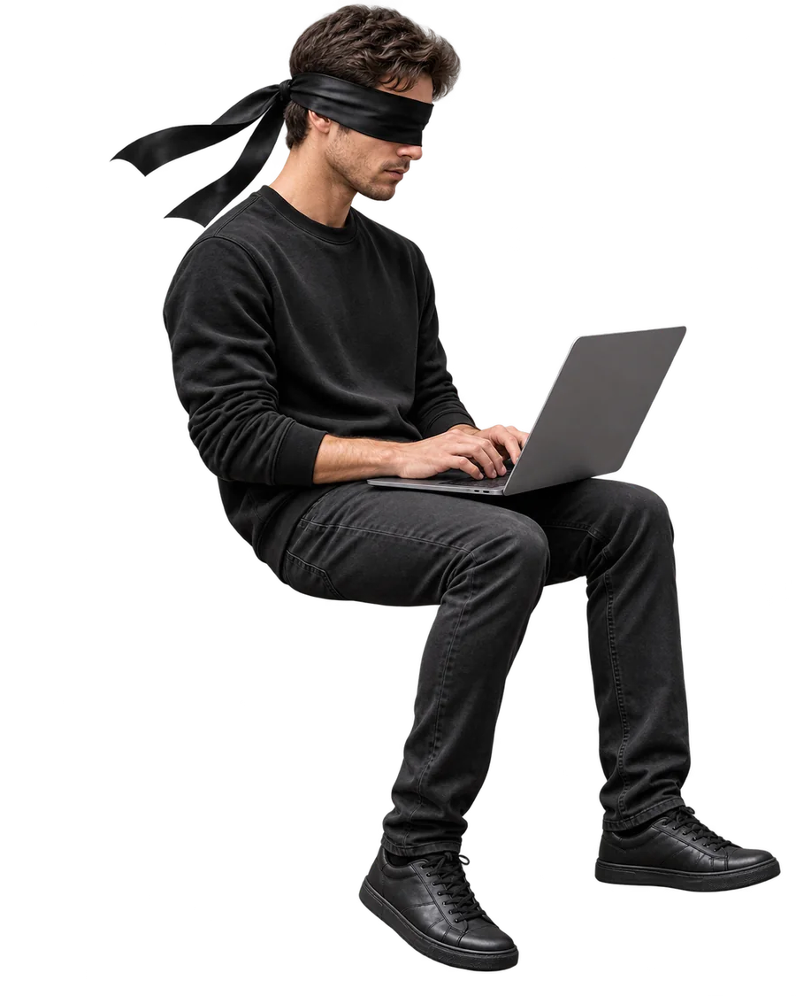 Pessoa de olhos vendados a usar um computador, representando a programação com IA sem orientação